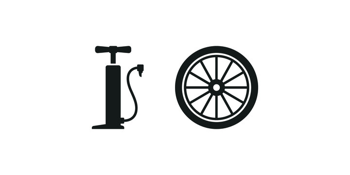Bicycle air pump and wheel rim icons for maintenance and repair graphic.