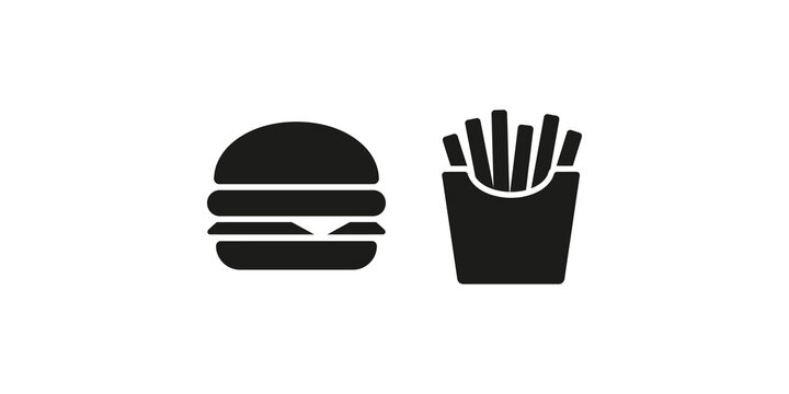 Black silhouette hamburger and french fries icon on transparent background.