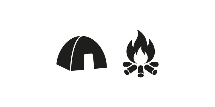 Camping tent and bonfire vector icons black silhouettes for adventure trips.