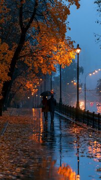 a serene autumnal scene. A couple walks down a wet path lined with trees displaying vibrant orange and yellow leaves, their reflection shimmering on the wet ground. The couple.