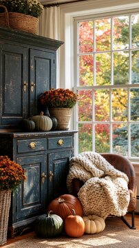 a cozy autumn scene. A vintage blue wooden cabinet with ornate handles and knobs is the main subject.