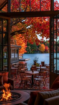 a cozy living space during autumn. The main subject is a seating area with wooden tables and chairs arranged around a fire pit. The fire pit is in the foreground, emitting a warm, orange glow.