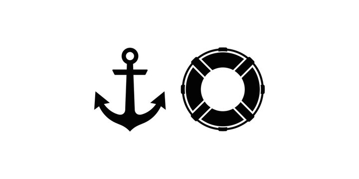 Nautical anchor and lifebuoy ring silhouettes for maritime concepts.