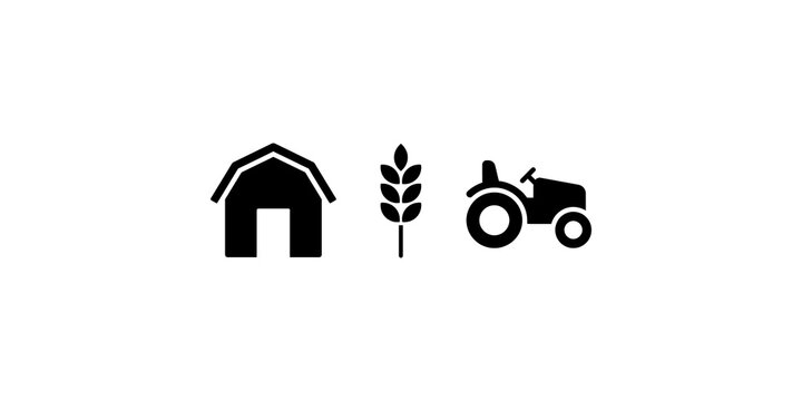 Agricultural icons farm barn wheat stalk and tractor for rural harvesting.