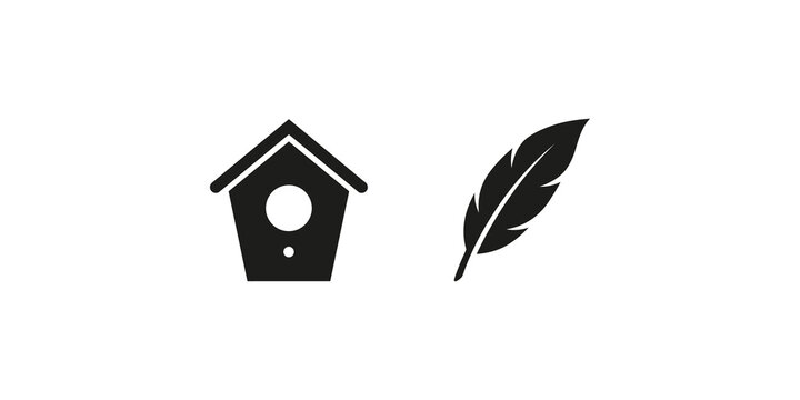 Birdhouse and quill feather icons simple black shapes for vector design.