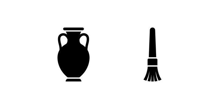 Ancient ceramic vase and cleaning brush icons black silhouettes for arts.