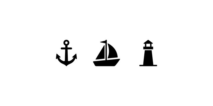 Marine elements anchor sailboat and lighthouse icons for maritime themes.