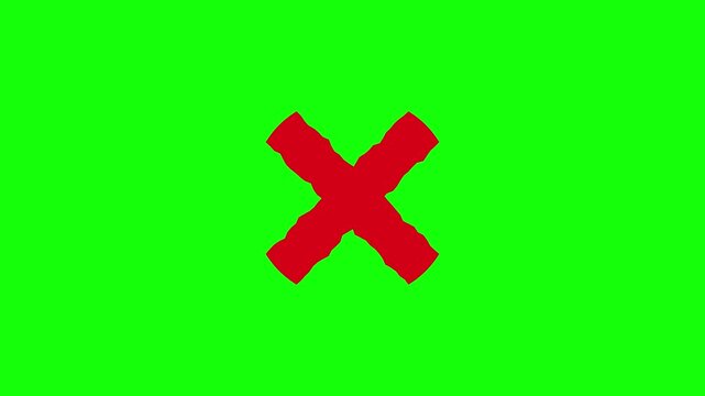 A vibrant red hand-drawn style X mark appears and disappears on a solid green screen chroma key background.