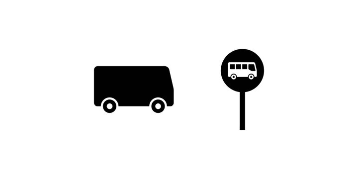 Public bus transport vehicle and station stop sign black vector artwork.