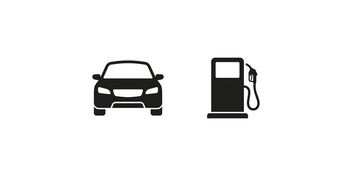 Car front view and gas station pump black vector icons for transport.