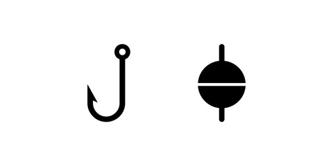 Fishing hook and float bobber silhouettes for outdoor recreation art. © 扁平化图标 