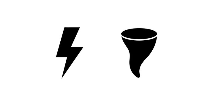 Lightning bolt and tornado weather icons isolated on transparent grid.