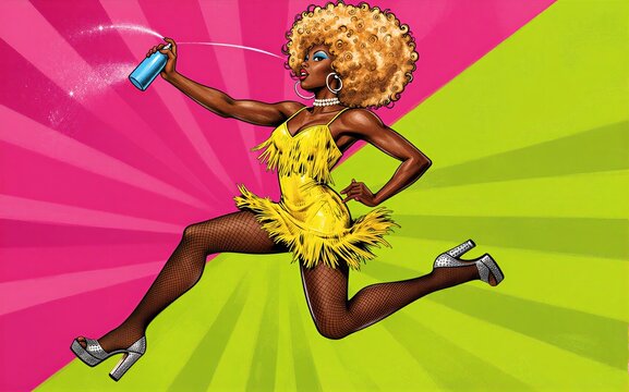 A vibrant, dancing woman in a yellow fringed dress sprays glitter against bold pink and green rays.