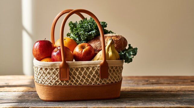 a woven basket filled with fresh fruits and vegetables. The basket has a textured, woven pattern and leather handles. The fruits include apples, oranges, bananas, and a loaf of bread.