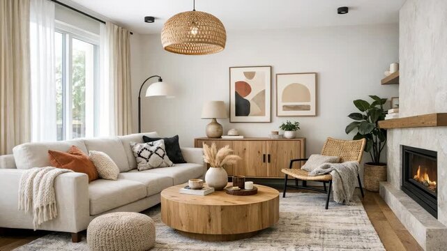 Cozy living room with warm lighting and wooden accents