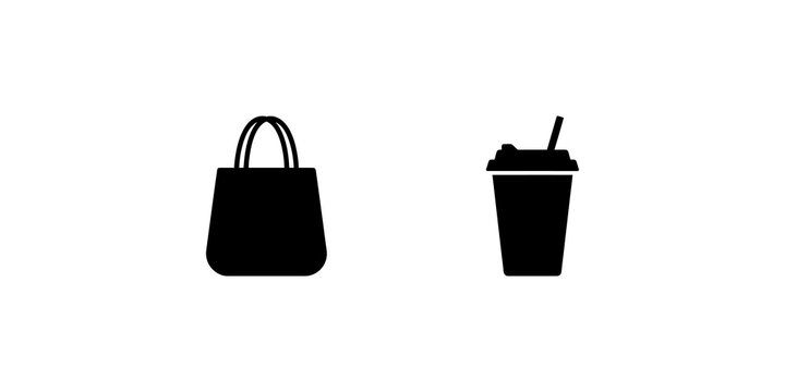 Shopping bag and takeaway coffee cup vector icon design on background.