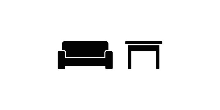 Living room sofa couch and wooden table vector icon set on background.