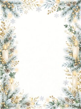 Elegant watercolor winter foliage and candle frame background for festive holiday greeting cards.