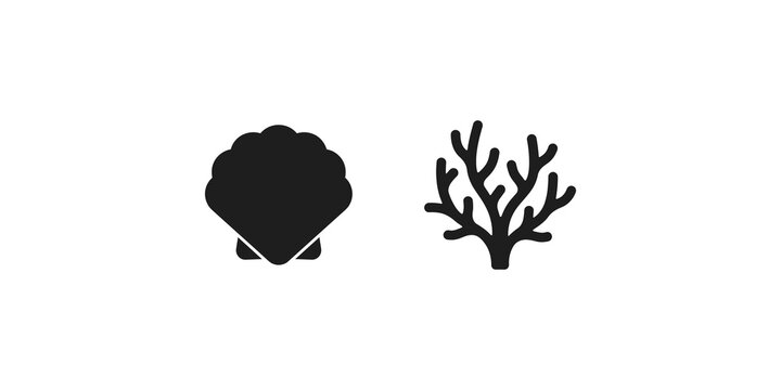Ocean sea shell and marine coral branch decorative black elements.