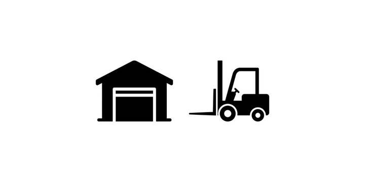Logistics and warehouse icon set with building facility and heavy forklift.