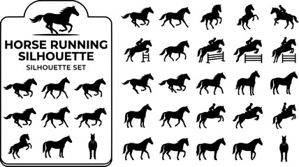 Fototapeta premium Horse Running Silhouette Set Black White Animal Vector Isolated White Background 
