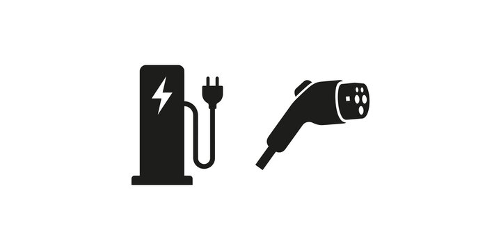 Charging station and plug icon set for electric vehicle power refueling.