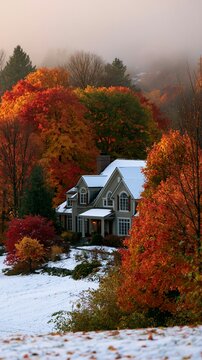 a twostory house nestled amidst a dense forest. The house has a gray roof, white walls, and a chimney. The trees surrounding the house display a mix of vibrant red, orange, and yellow leaves.