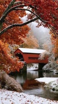 a serene autumn scene features a red covered bridge spanning a calm river. The bridge has a white roof and is supported by stone pillars. The river reflects the surrounding trees and foliage.