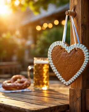 Blank gingerbread heart at Oktoberfest beer garden with beer and pretzel.