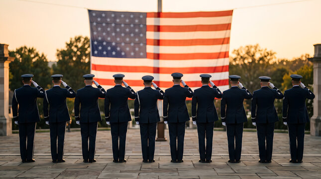 Honor Guard Soldiers Saluting American Flag at Sunset