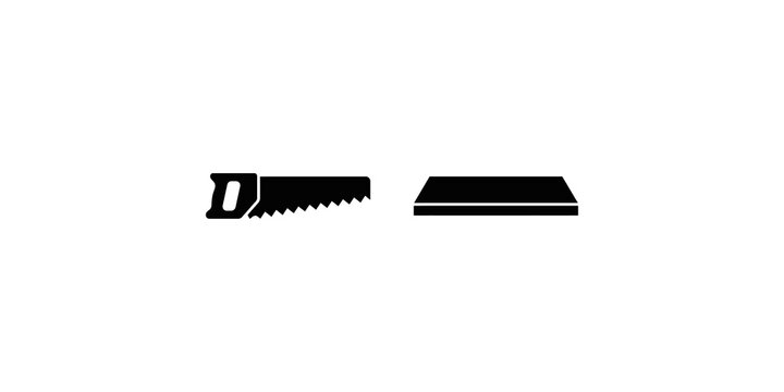 Hand saw and flat wooden plank black silhouettes representing woodwork.