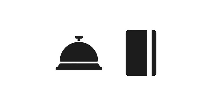 Hotel reception service bell and key card black flat icons set.