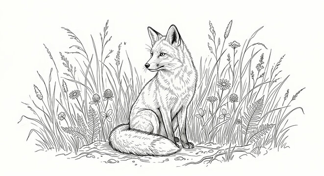 Fox Sitting in Meadow Coloring Page Line Art Illustration