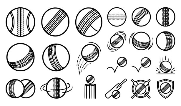Cricket Ball Icon Set Featuring Various Angles Motion Trails Seams Wickets and Equipment for Sports App Interface Tournament Logos and Graphic Designs
