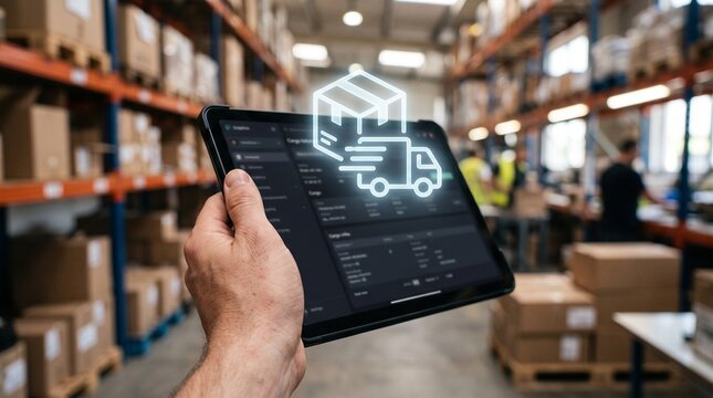 Hand holding tablet with digital delivery icon in a warehouse distribution center