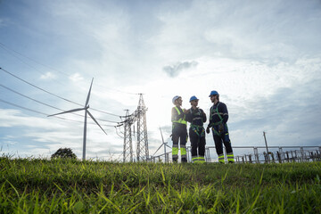 Fototapeta premium A group of workers stand outside near power lines and wind turbines on a sunny day. The team wears safety gear and talks together while working on a renewable energy project in the field.