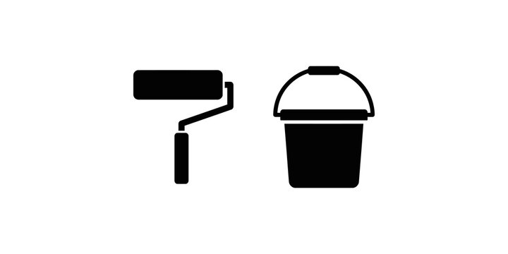 Paint roller brush and water bucket black stencil vector illustrations.