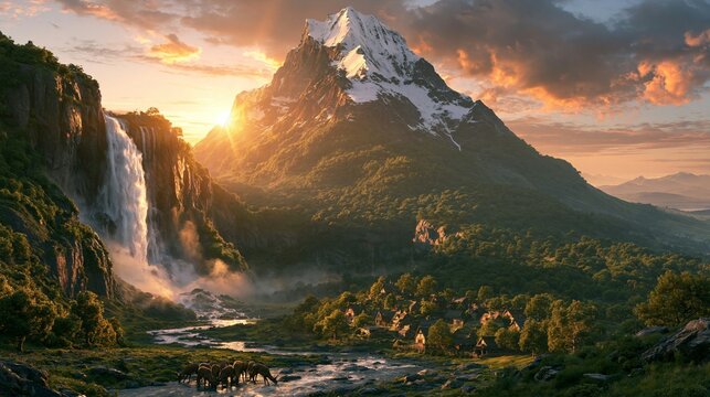 a breathtaking natural scene at sunset. The main subject is a majestic mountain with snowcapped peaks, surrounded by lush greenery and a cascading waterfall. The sky is painted with hues of orange.