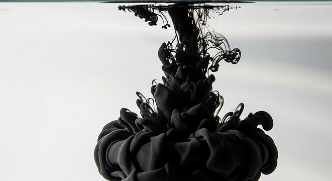 Black ink swirling and dispersing in clear water against a white background