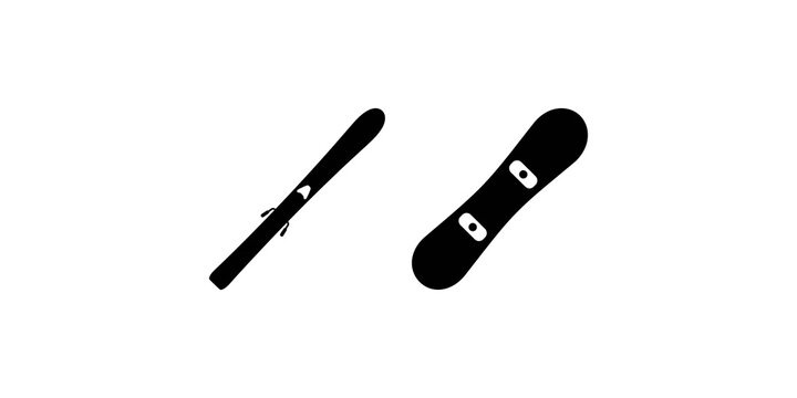 Black ski and snowboard icon set for winter sports activity design.