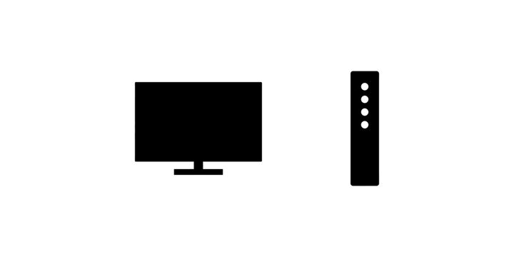 Modern television screen and remote control unit black silhouette icons.