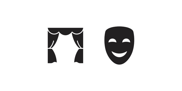 Theatre stage curtains and smiling comedy mask icons for performance art.
