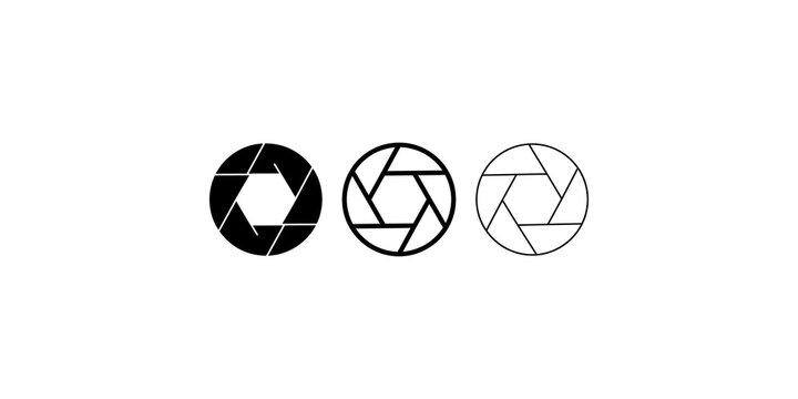 Camera lens aperture icons set with different line weights on transparent.