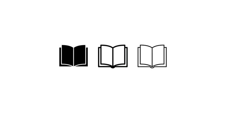 Three open book reading icons with solid and outline vector graphic set.