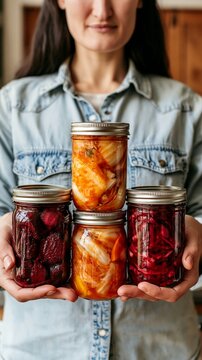 a woman holding four jars of pickled vegetables. The jars are cylindrical with metal lids, each filled with a mixture of red, orange, and green vegetables.