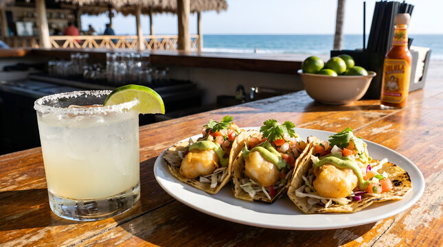 Gourmet Fish Tacos and Salt-Rimmed Margarita Cocktail at Oceanfront Beach Bar