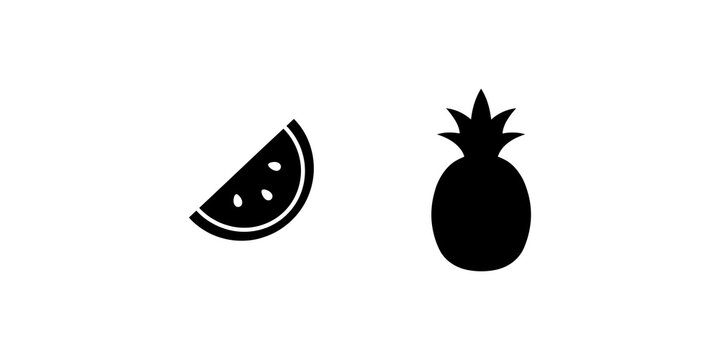 Watermelon slice and pineapple fruit black silhouette vector elements.
