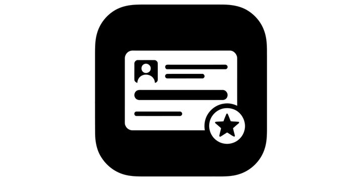 Identity card with star badge icon white outline on black background.