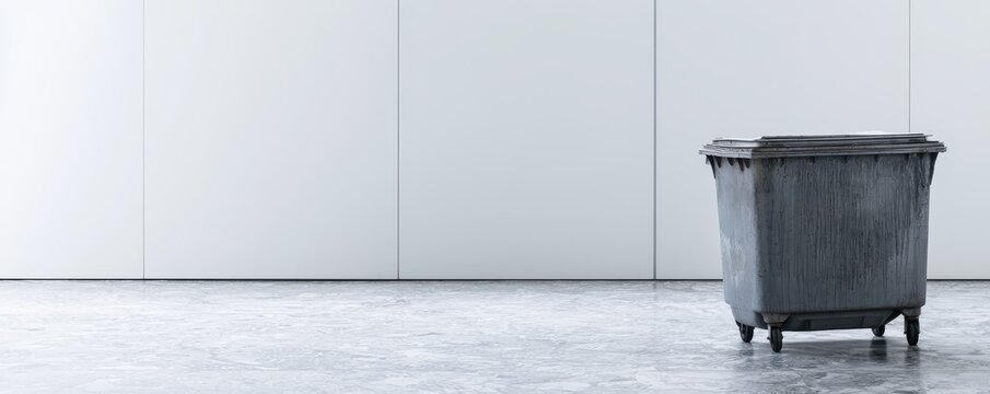 Dark grey plastic garbage container stands on a concrete floor against a white wall