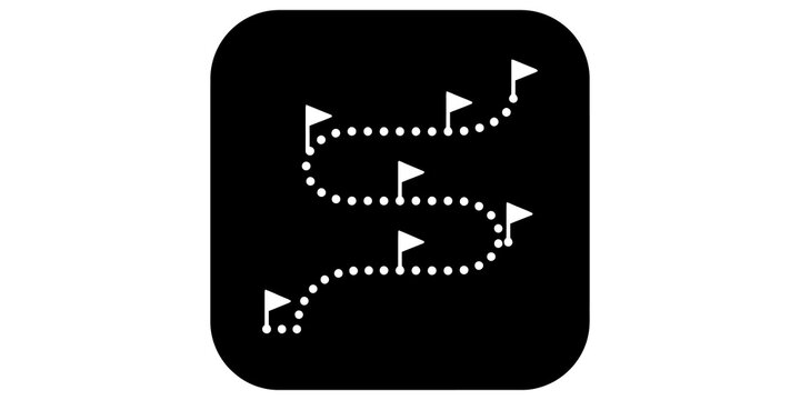 Winding road map path white dotted line icons for navigation tracking.